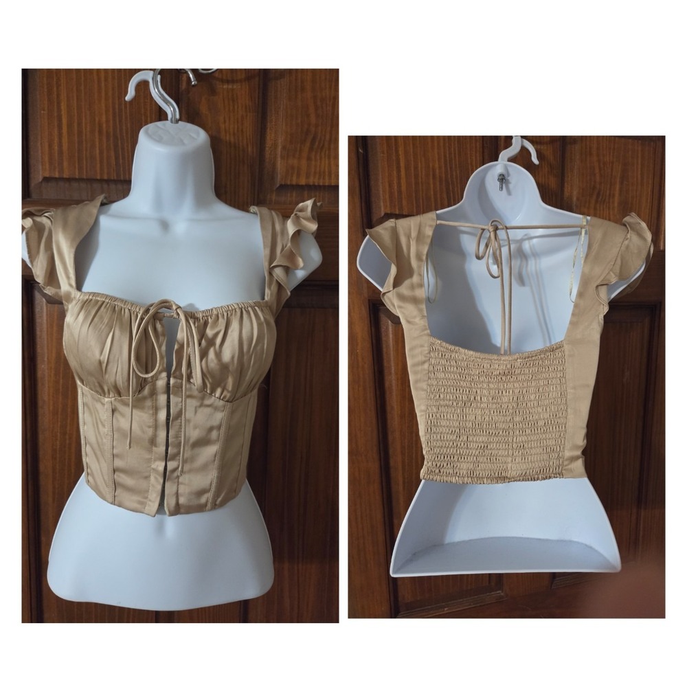 ASTR The Label Satin Bustier Corset Ruffle Shoulder Smocked M Beige Champagne